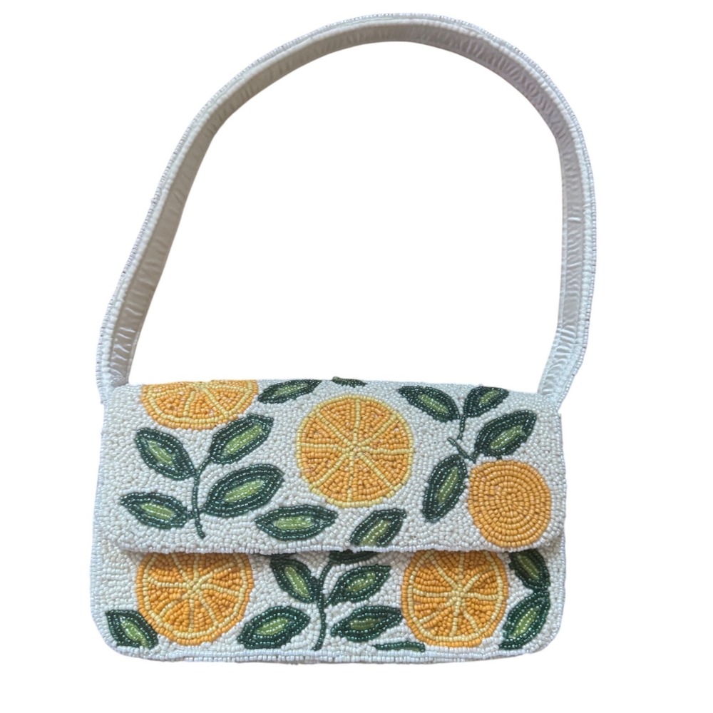 New Beaded Bag Orange Fruit Slice Green Leaves White Background Shoulder NWT